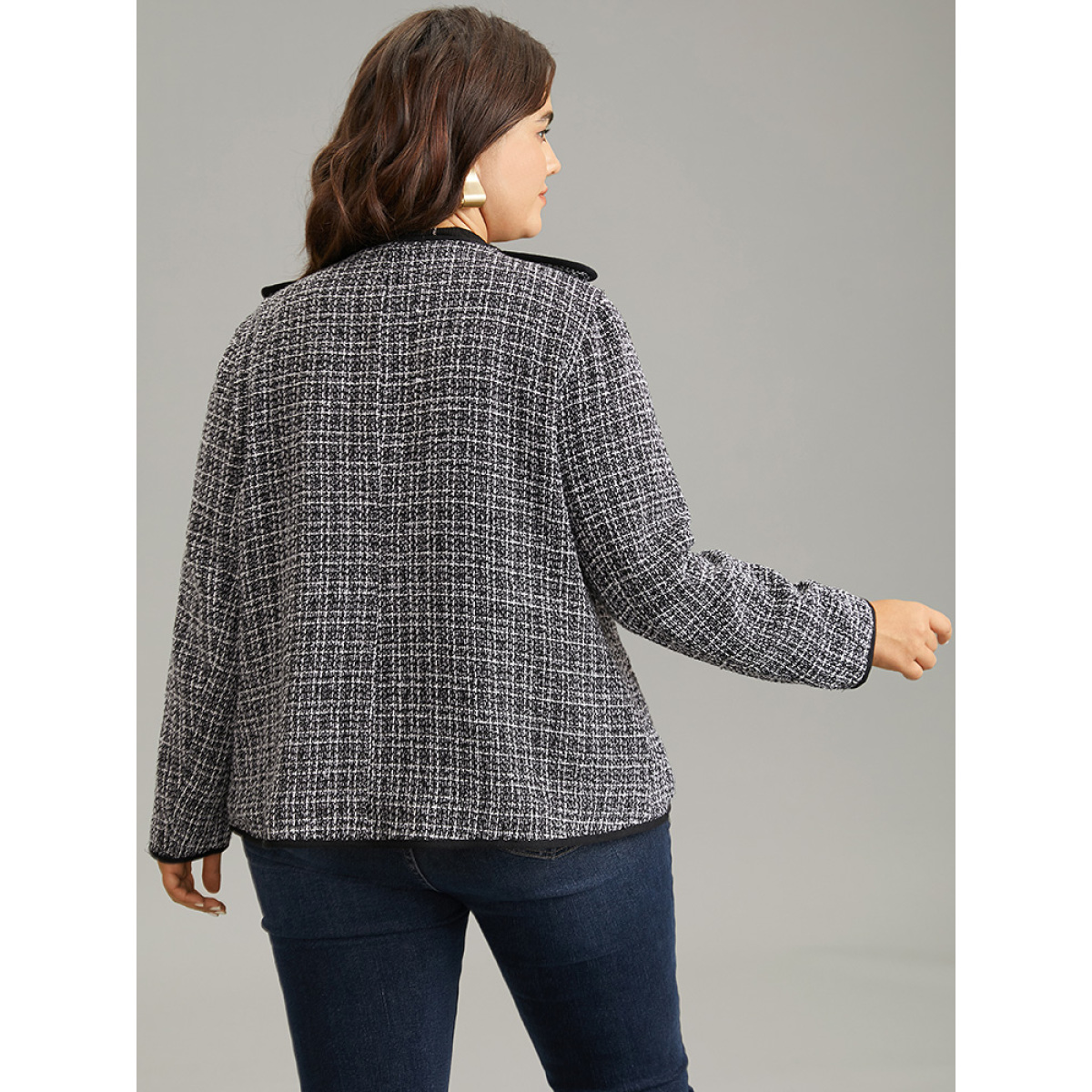 

Plus Size Tweed Pocket Button Detail Jacket Women Black Lined Pocket Work Jackets BloomChic