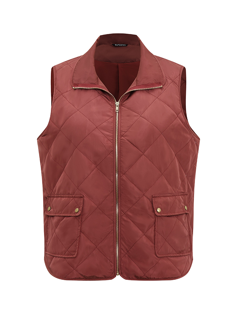 

Plus Size Solid Zipper Quilted Flap Pocket Vest Maroon Casual Plain Everyday Vests  Bloomchic