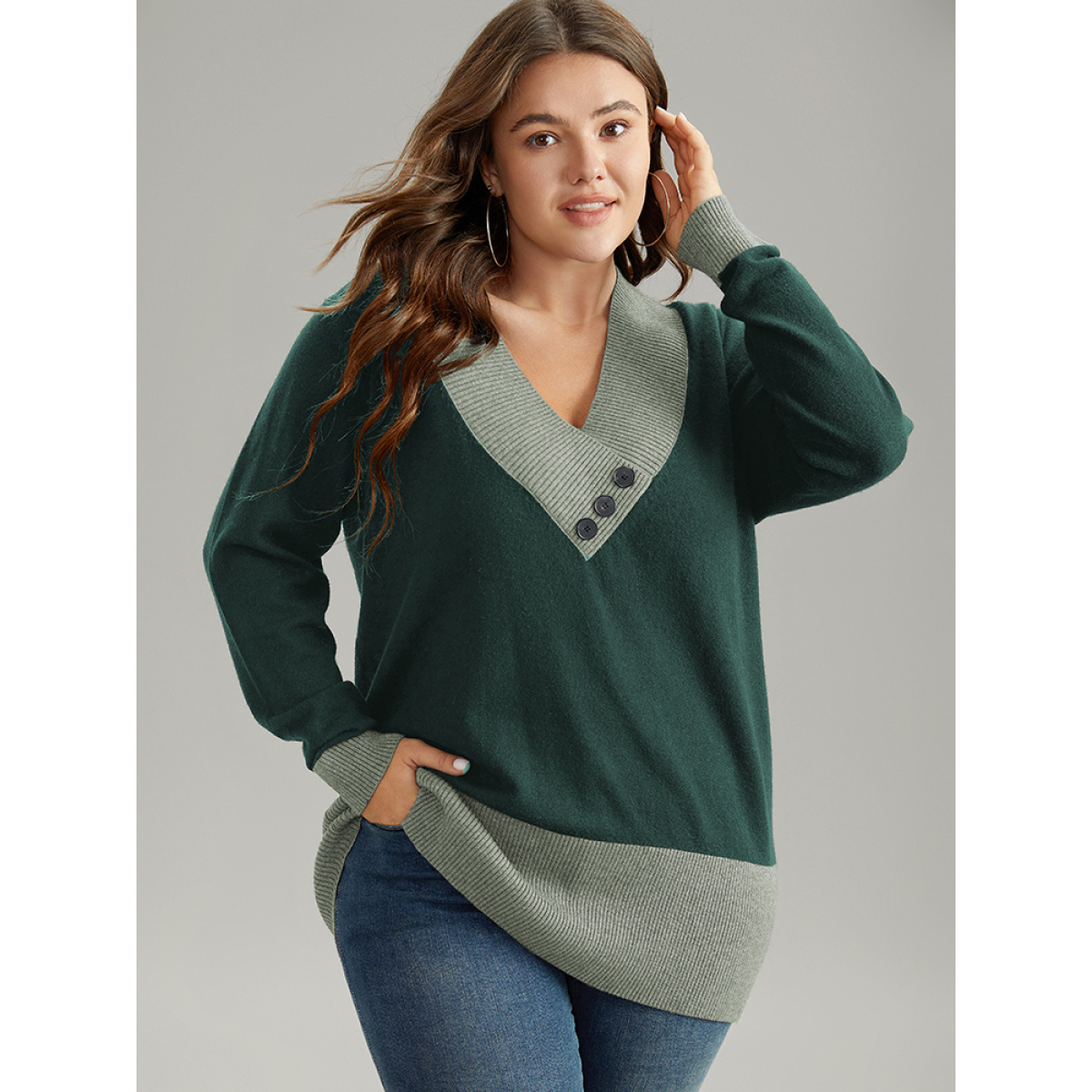 

Plus Size Supersoft Essentials Contrast Deep V Neck Button Detail Pullover DarkGreen Women Casual Long Sleeve Deep V-neck Everyday Pullovers BloomChic