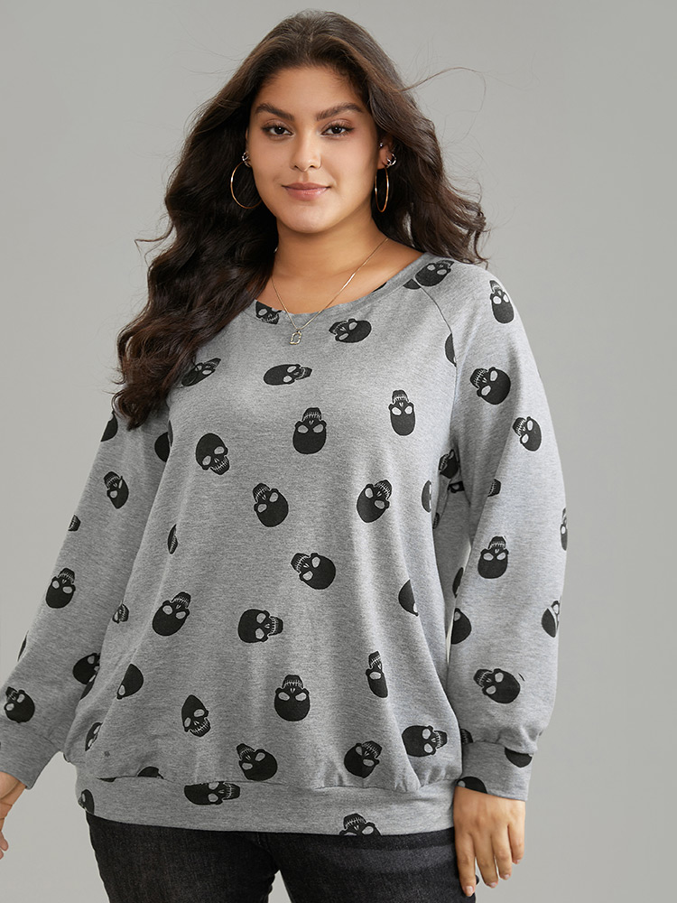 

Plus Size Skull Print Crew Neck Raglan Sleeve Sweatshirt Women Gray Casual Contrast Round Neck Dailywear Sweatshirts BloomChic