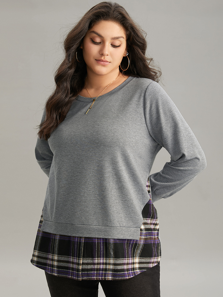 Plus Size Women Dailywear Plaid Contrast Regular Regular Sleeve Long Sleeve Round Neck Casual Sweatshirts BloomChic 