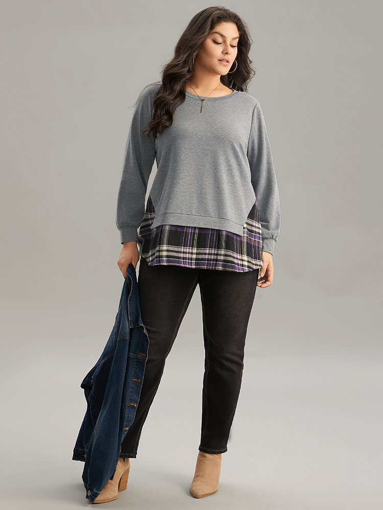 Plus Size Women Dailywear Plaid Contrast Regular Regular Sleeve Long Sleeve Round Neck Casual Sweatshirts BloomChic 