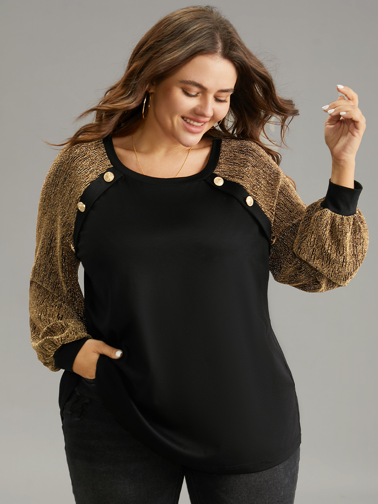 

Plus Size Luxe Button Detail Raglan Sleeve T-shirt Black Round Neck Long Sleeve Elegant Jersey Tops