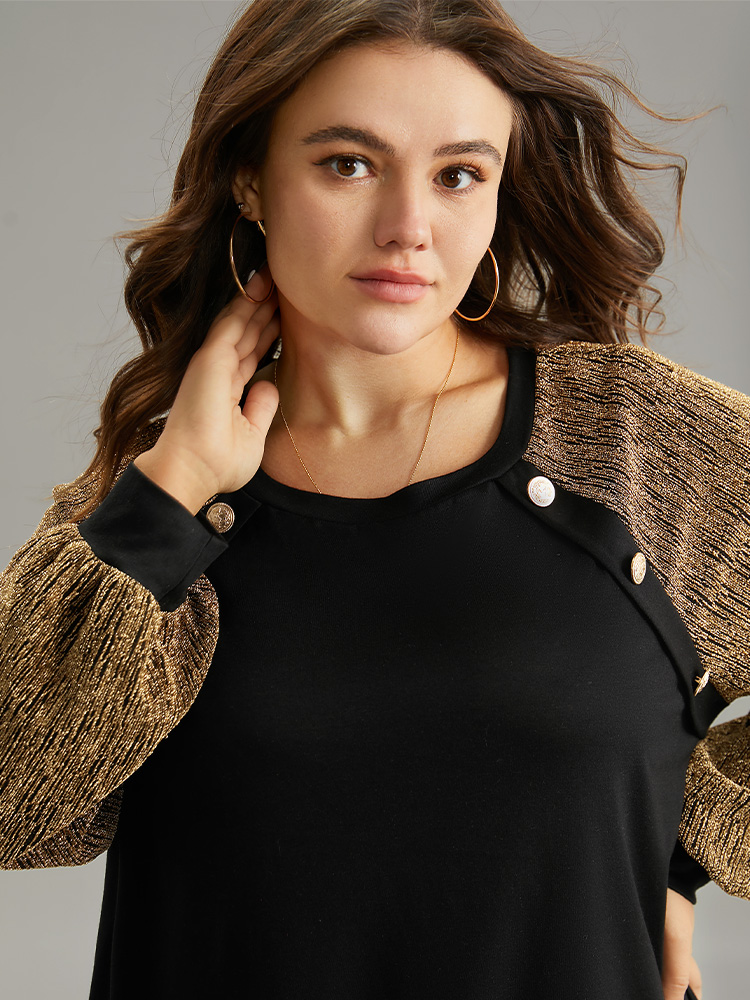 

Plus Size Luxe Button Detail Raglan Sleeve T-shirt Black Round Neck Long Sleeve Elegant Jersey Tops