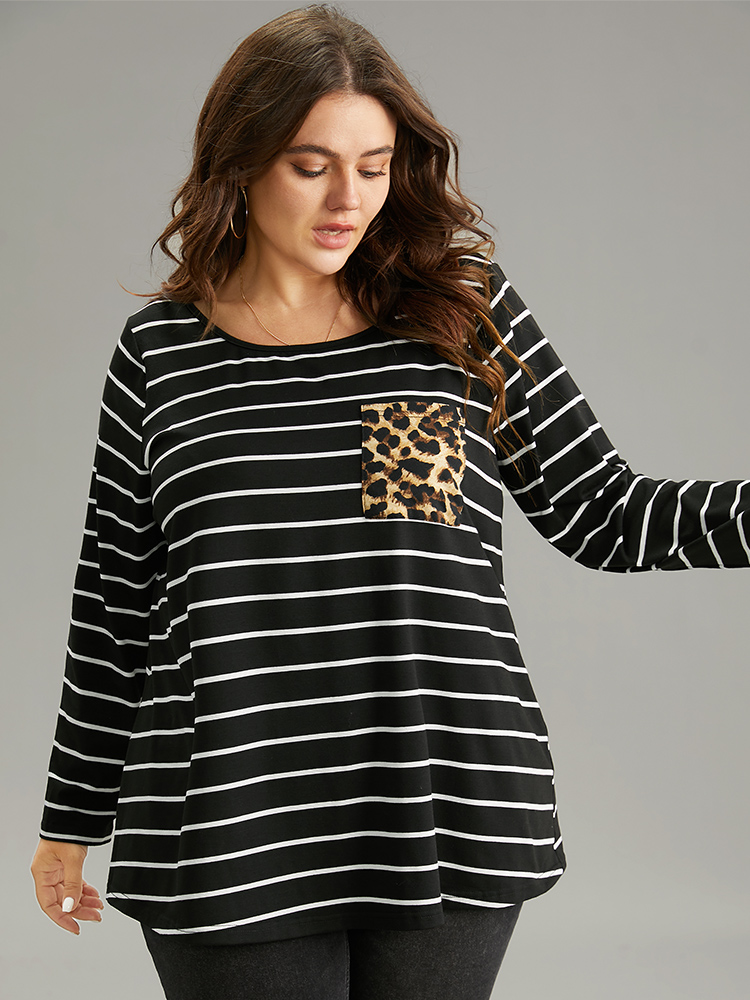 Plus Size Women Dailywear Striped Contrast Regular Sleeve Long Sleeve Round Neck Casual T-shirts BloomChic 