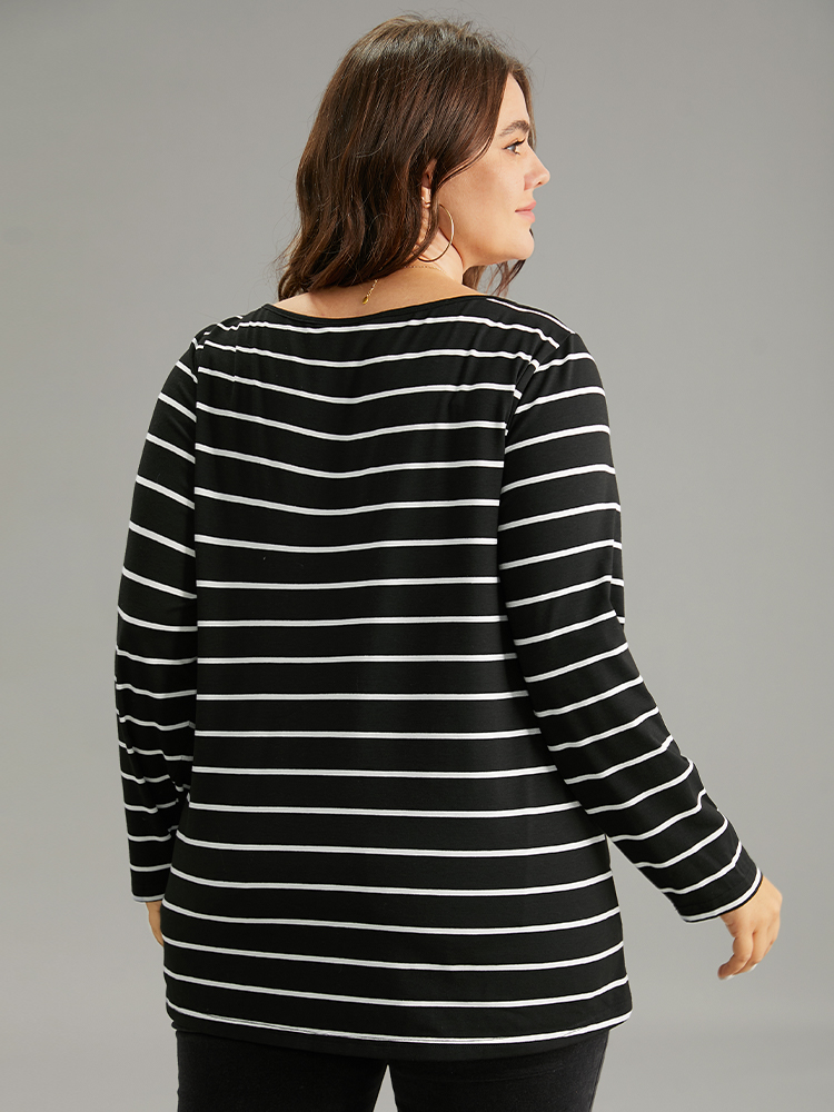 Plus Size Women Dailywear Striped Contrast Regular Sleeve Long Sleeve Round Neck Casual T-shirts BloomChic 
