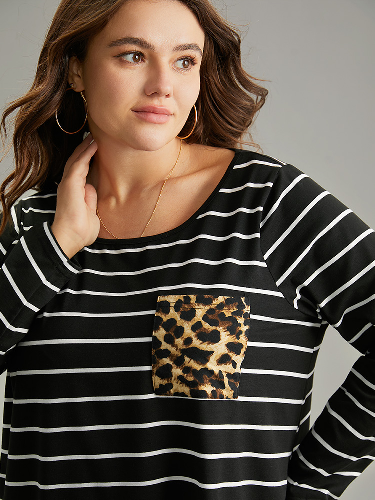 Plus Size Women Dailywear Striped Contrast Regular Sleeve Long Sleeve Round Neck Casual T-shirts BloomChic 