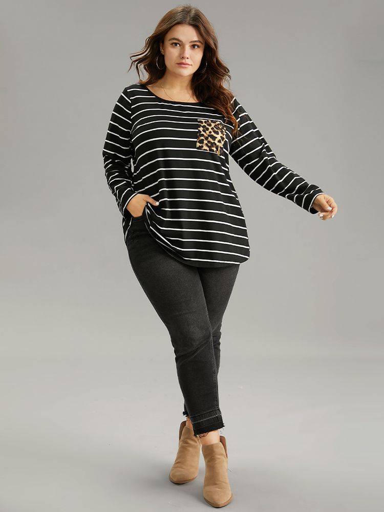 

Plus Size Leopard Striped Patchwork Contrast Pocket T-shirt Black Women Casual Contrast Leopard Round Neck Dailywear T-shirts BloomChic