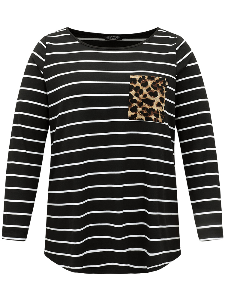 Plus Size Women Dailywear Striped Contrast Regular Sleeve Long Sleeve Round Neck Casual T-shirts BloomChic 