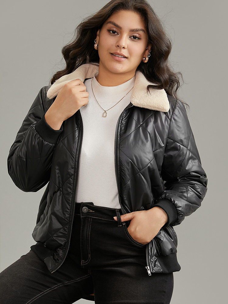 Plus Size Jackets | Fuzzy Trim Patchwork Zipper Quilted Jacket | BloomChic 
