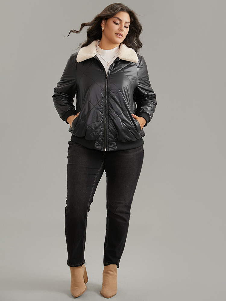 Plus Size Jackets | Fuzzy Trim Patchwork Zipper Quilted Jacket | BloomChic 