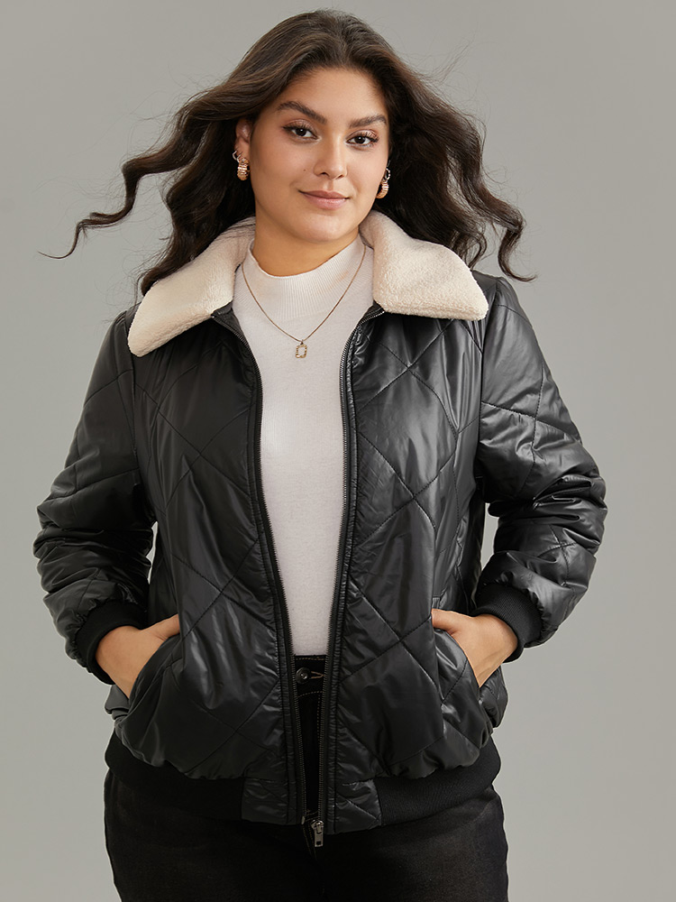 Plus Size Jackets | Fuzzy Trim Patchwork Zipper Quilted Jacket | BloomChic 