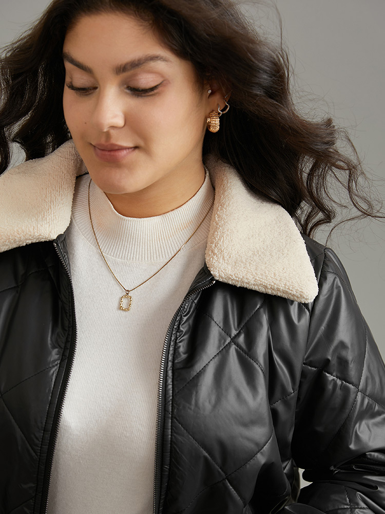 Plus Size Jackets | Fuzzy Trim Patchwork Zipper Quilted Jacket | BloomChic 