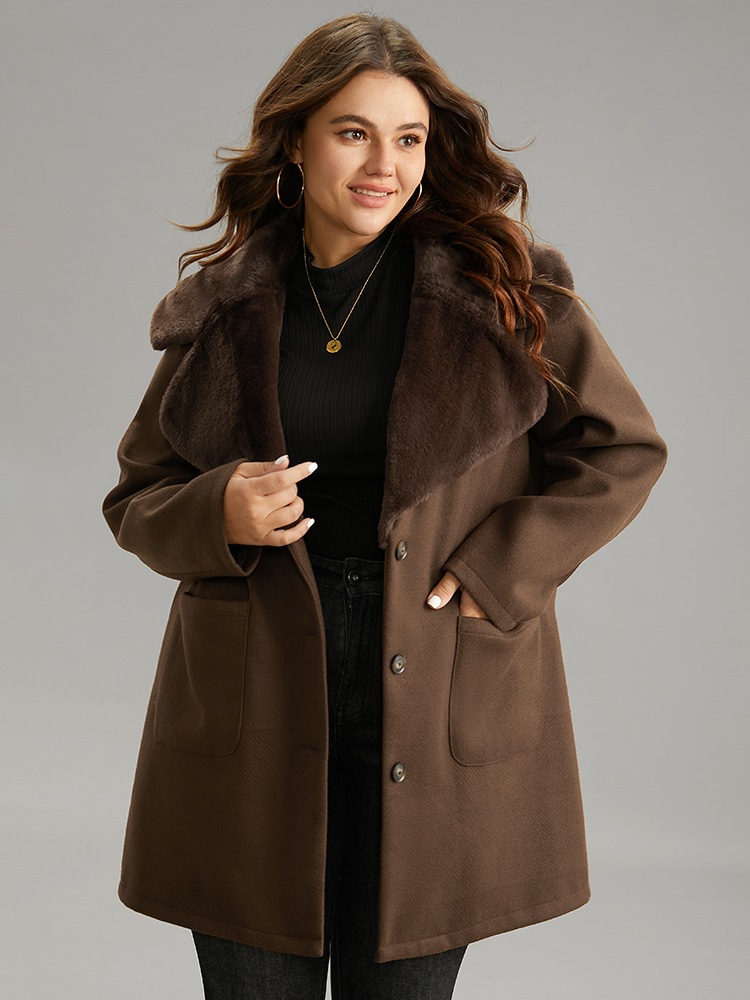 

Plus Size Plain Lapel Collar Fuzzy Trim Patchwork Button Up Coat Women DarkBrown Casual Lined Ladies Dailywear Winter Coats BloomChic
