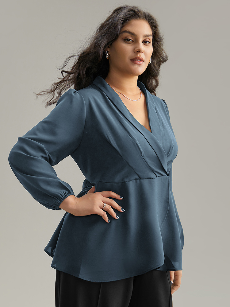 Plus Size Stone Static-Free Plain Pleated Wrap Blouse Women Office Long Sleeve V-neck Dailywear Blouses BloomChic 28/5X 