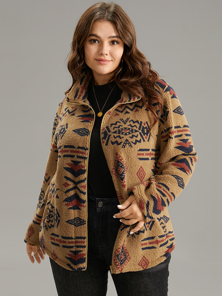 

Plus Size Boho Print Pocket Zipper Teddy Jacket Women Bronze Zipper Pocket Dailywear Jackets BloomChic