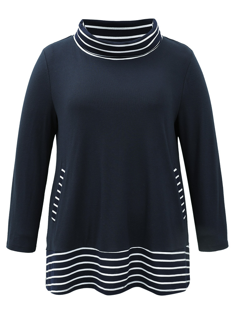 Plus Size Women Dailywear Striped Pocket Regular Sleeve Long Sleeve Turtleneck Casual T-shirts BloomChic 