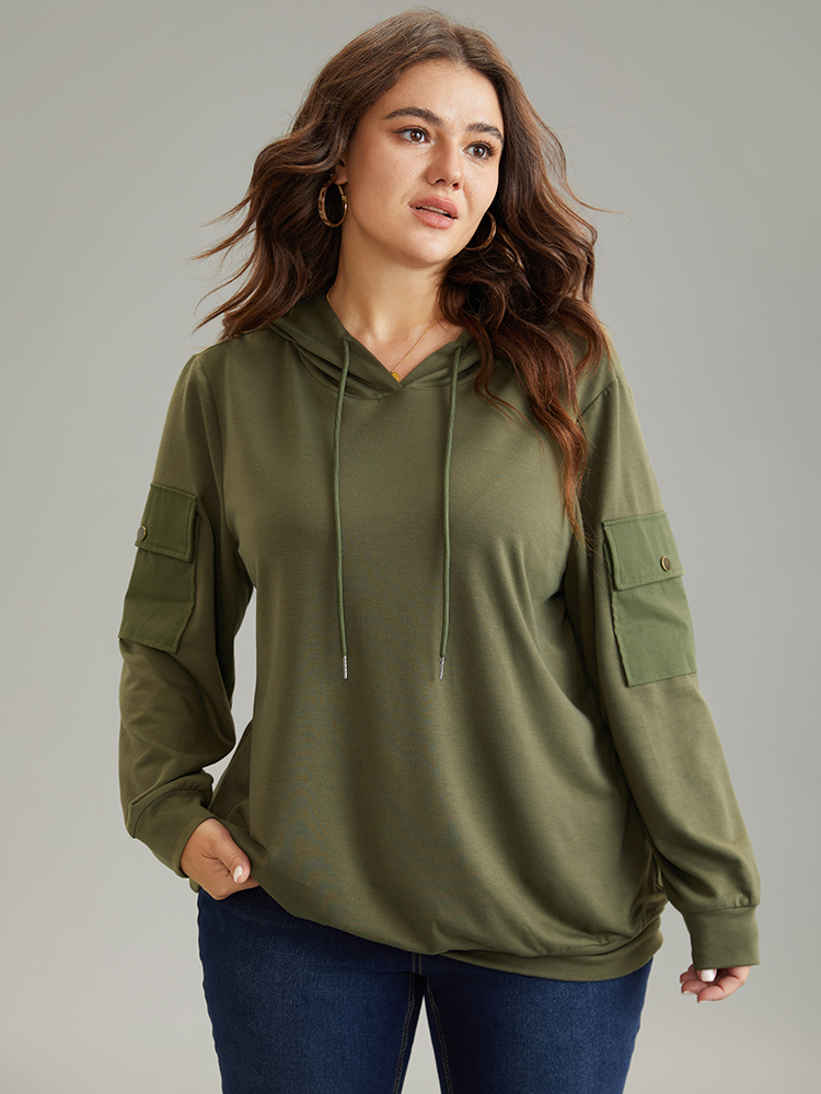 

Plus Size Solid Flap Pocket Hooded Drawstring Sweatshirt Women ArmyGreen Casual Plain Hooded Dailywear Sweatshirts BloomChic