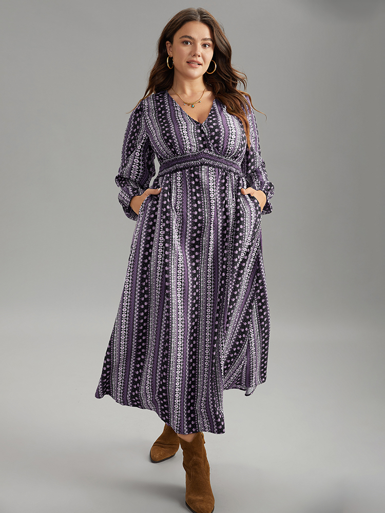 

Plus Size Bandana Print Wrap Shirred Dress DarkViolet Women Resort Elastic cuffs V-neck Long Sleeve Curvy Midi Dress BloomChic