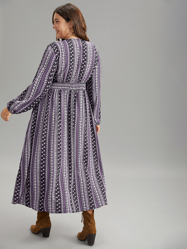 

Plus Size Bandana Print Wrap Shirred Dress DarkViolet Women Resort Elastic cuffs V-neck Long Sleeve Curvy Midi Dress BloomChic