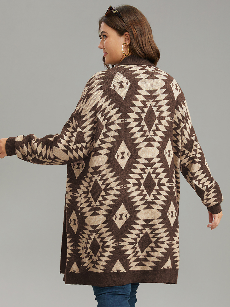 Plus Size Anti-Pilling Supersoft Essentials Geo Lapel Collar Cardigan DarkBrown Women Casual Loose Long Sleeve Everyday Cardigans BloomChic 18-20/2X 