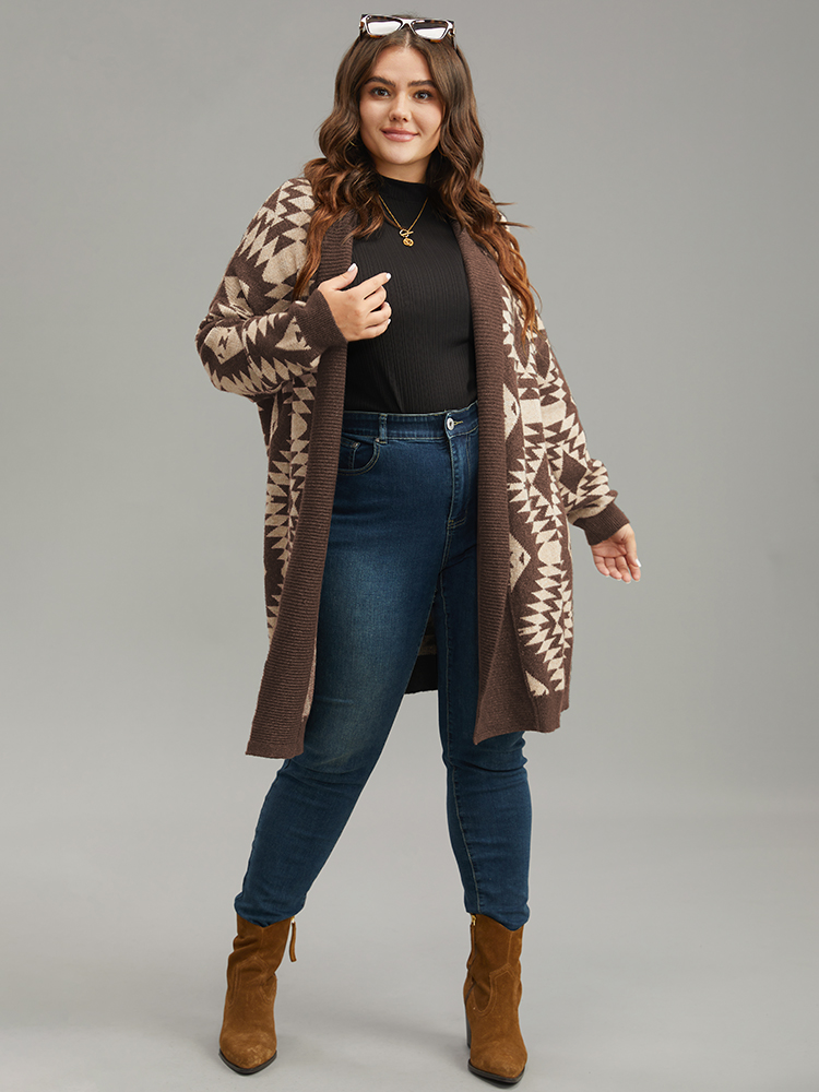 Plus Size Anti-Pilling Supersoft Essentials Geo Lapel Collar Cardigan DarkBrown Women Casual Loose Long Sleeve Everyday Cardigans BloomChic 18-20/2X 