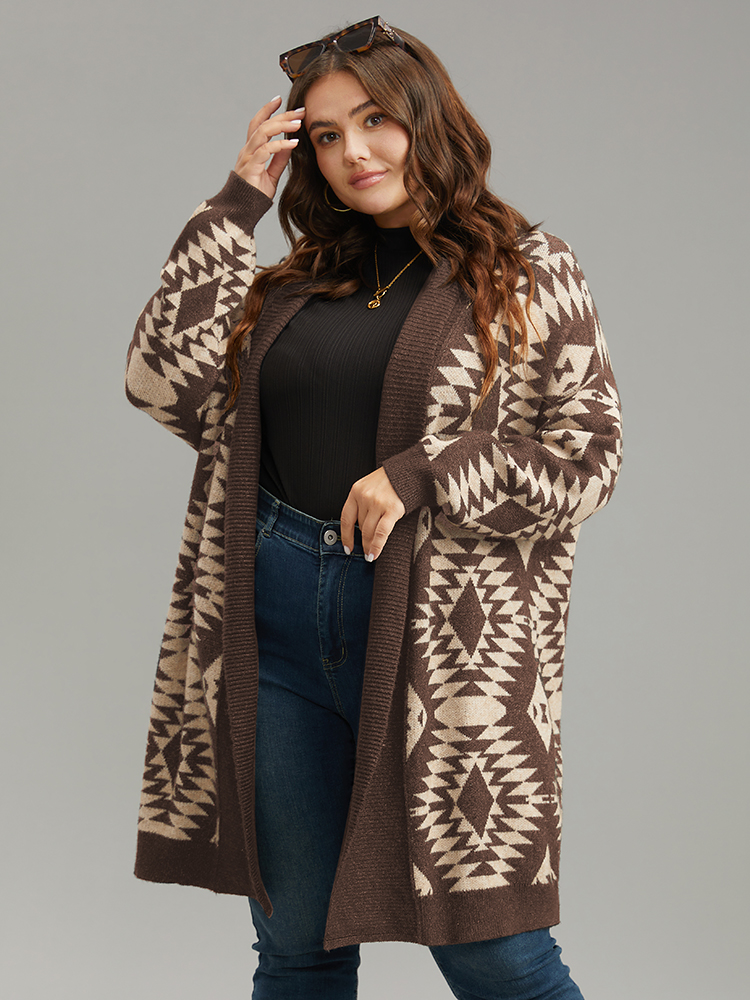 

Plus Size Anti-Pilling Supersoft Essentials Geo Lapel Collar Cardigan DarkBrown Women Casual Loose Long Sleeve Everyday Cardigans BloomChic