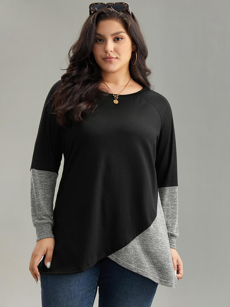 

Plus Size Two Tone Patchwork Heather Arc Hem T-shirt Gray Women Casual Contrast Plain Round Neck Dailywear T-shirts BloomChic