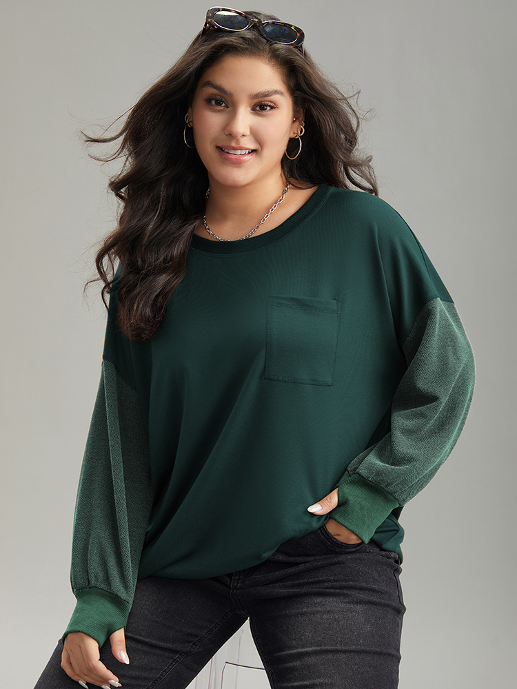 

Plus Size Two Tone Patched Pocket Drop Shoulder Sweatshirt Women DarkGreen Casual Elastic cuffs Round Neck Everyday Sweatshirts BloomChic