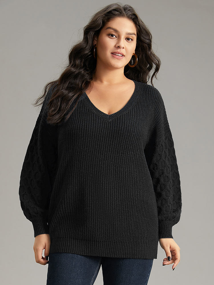 

Plus Size Solid Cable Knit V Neck Drop Shoulder Pullover Black Women Casual Long Sleeve V-neck Everyday Pullovers BloomChic