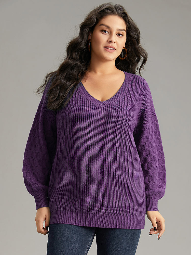 

Plus Size Solid Cable Knit V Neck Drop Shoulder Pullover Purple Women Casual Long Sleeve V-neck Everyday Pullovers BloomChic