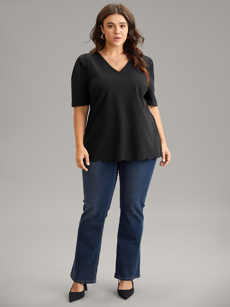 Plus Size Women Work Plain Plain Puff Sleeve Half Sleeve V-neck Work From Home Blouses BloomChic 