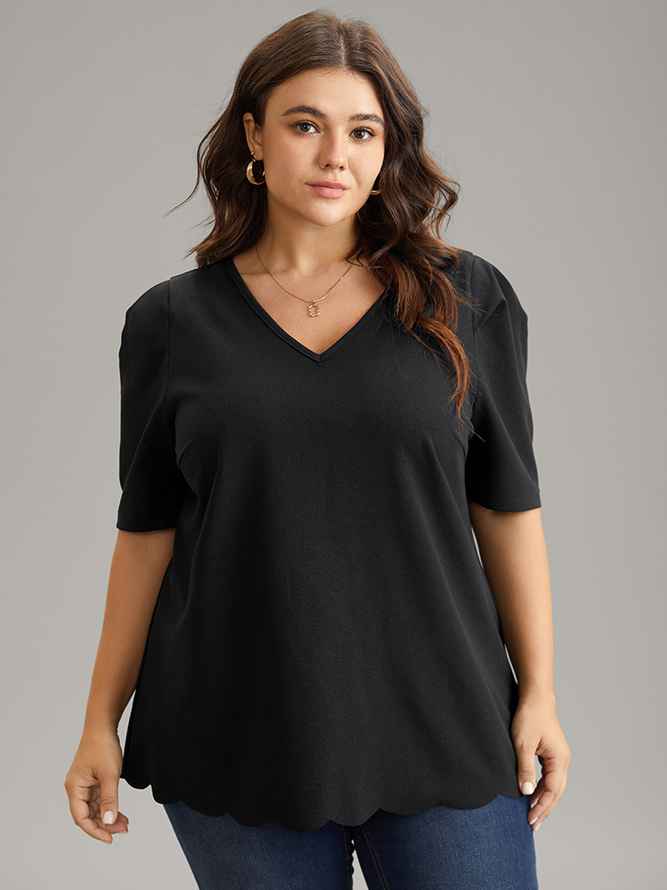 Plus Size Women Work Plain Plain Puff Sleeve Half Sleeve V-neck Work From Home Blouses BloomChic 