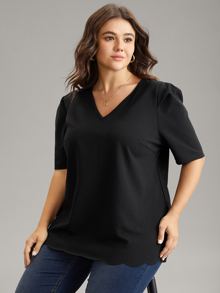 Plus Size Women Work Plain Plain Puff Sleeve Half Sleeve V-neck Work From Home Blouses BloomChic 