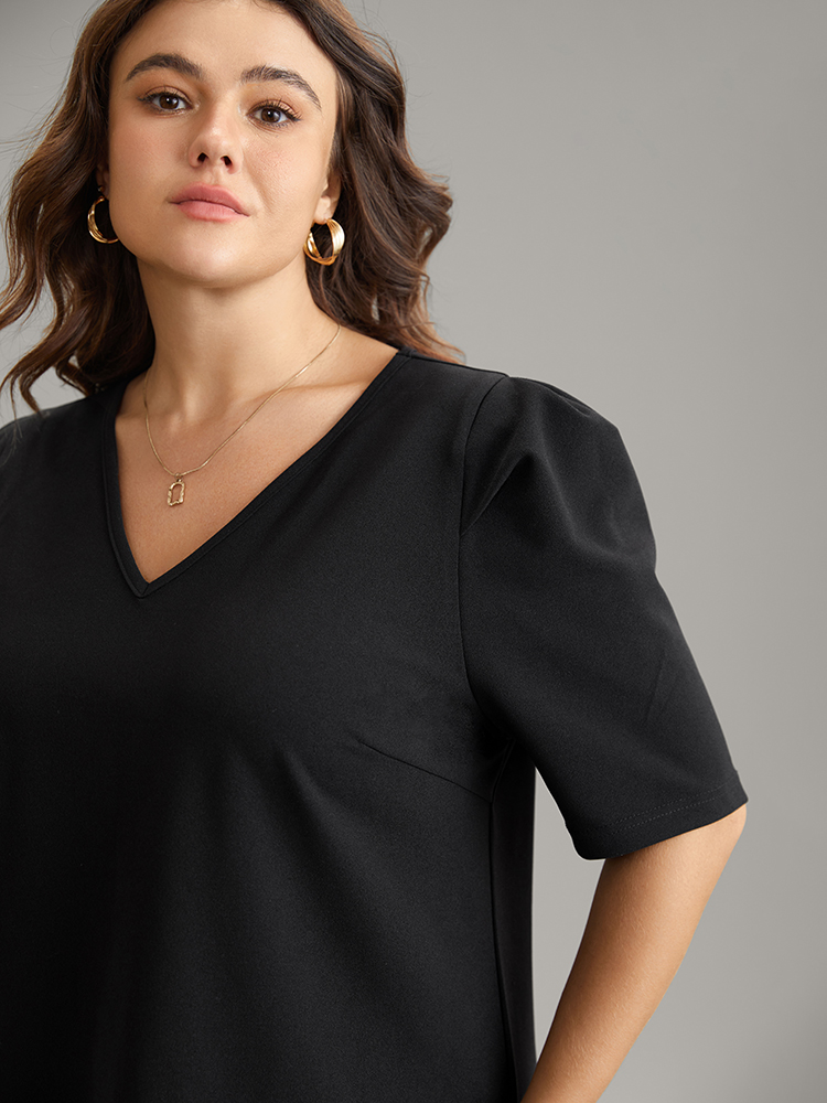 Plus Size Women Work Plain Plain Puff Sleeve Half Sleeve V-neck Work From Home Blouses BloomChic 
