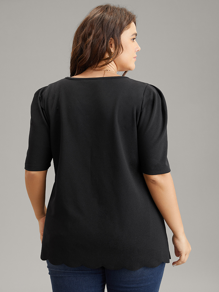 Plus Size Women Work Plain Plain Puff Sleeve Half Sleeve V-neck Work From Home Blouses BloomChic 