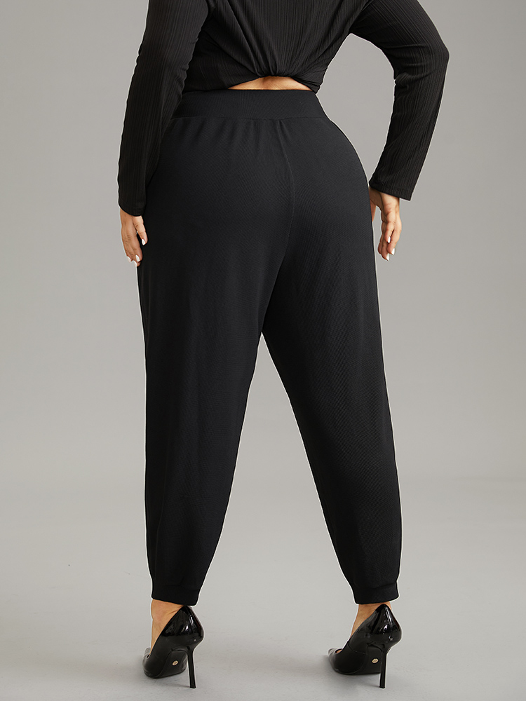 Plus Size Crossover Plain Texture High Rise Pants Women Black Casual High Rise Everyday Pants BloomChic 14-16/1X 
