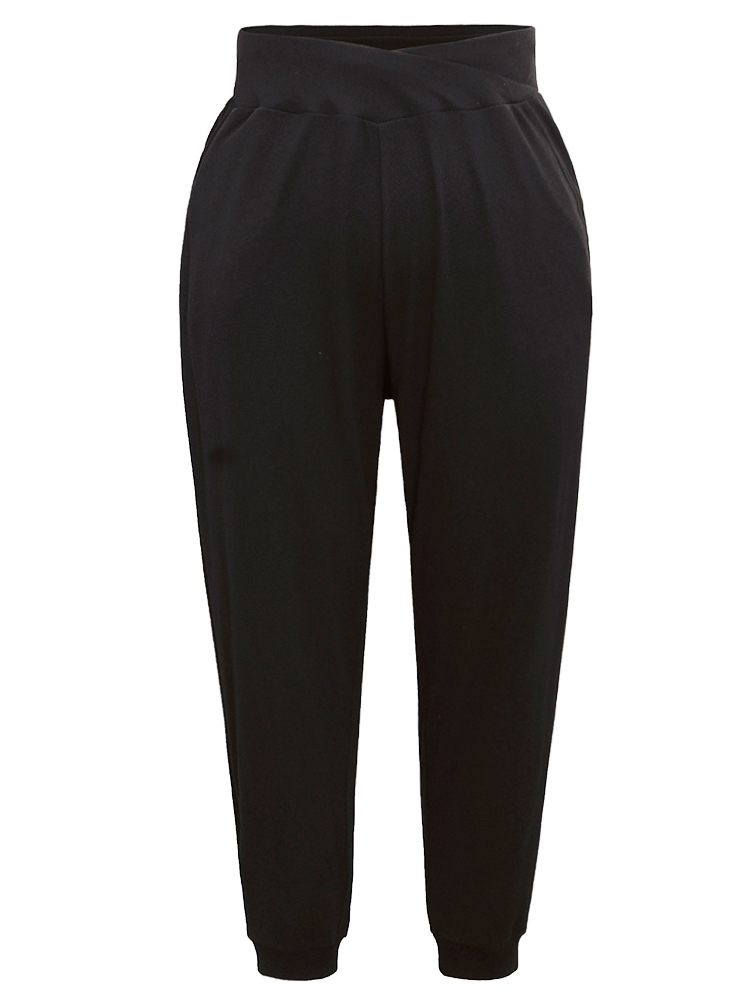 Plus Size Crossover Plain Texture High Rise Pants Women Black Casual High Rise Everyday Pants BloomChic 14-16/1X 