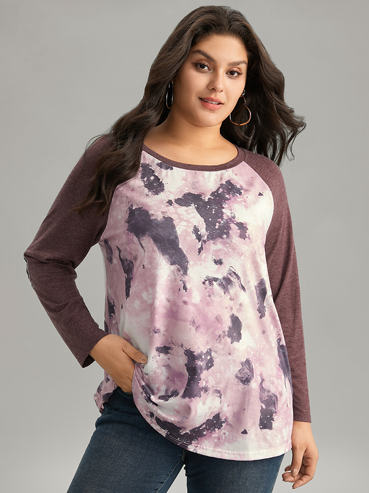 Plus Size Women Dailywear Tie Dye Contrast Raglan sleeve Long Sleeve Round Neck Casual T-shirts BloomChic 