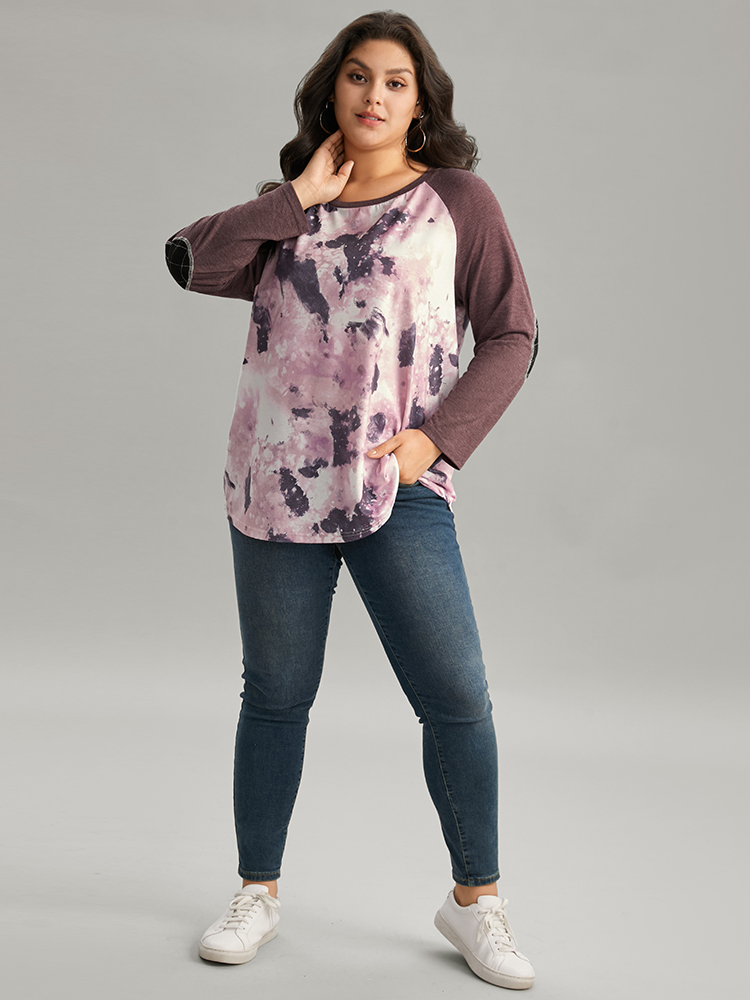 Plus Size Women Dailywear Tie Dye Contrast Raglan sleeve Long Sleeve Round Neck Casual T-shirts BloomChic 