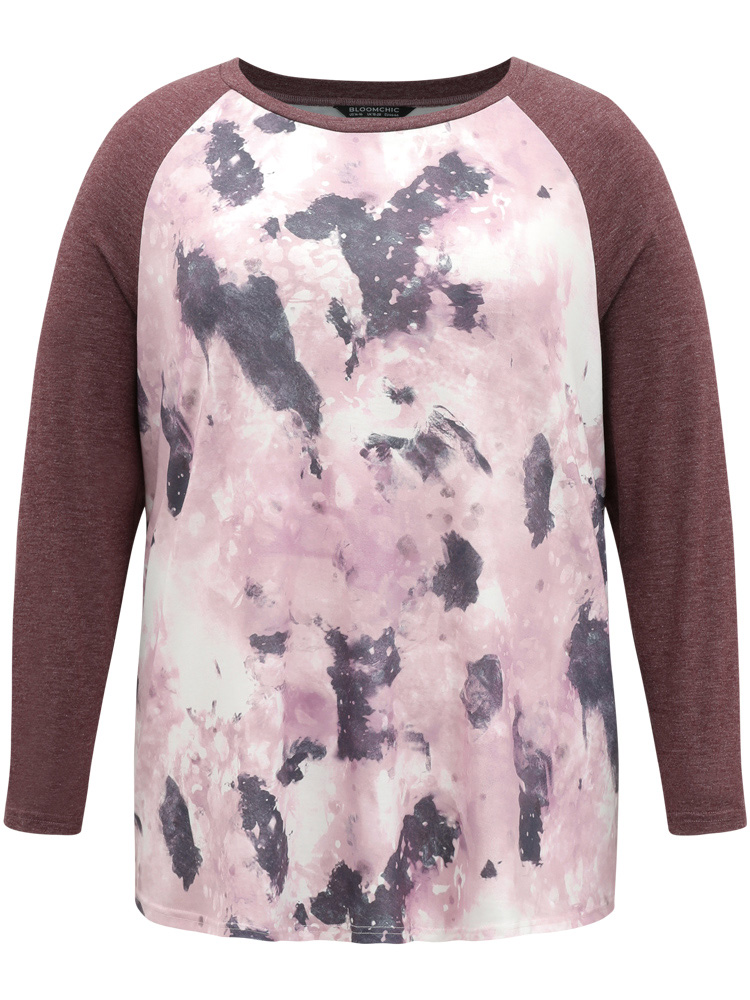 Plus Size Women Dailywear Tie Dye Contrast Raglan sleeve Long Sleeve Round Neck Casual T-shirts BloomChic 