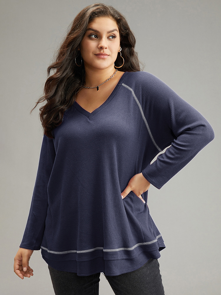 

Plus Size Plain Textured Stitch Raglan Sleeve Sweatshirt Women DarkBlue Casual Plain V-neck Everyday Sweatshirts BloomChic