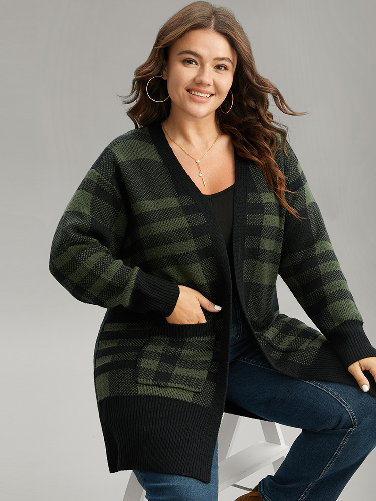 Plus Size Cardigans | Plaid Patchwork Split Side Open Front Cardigan | BloomChic 