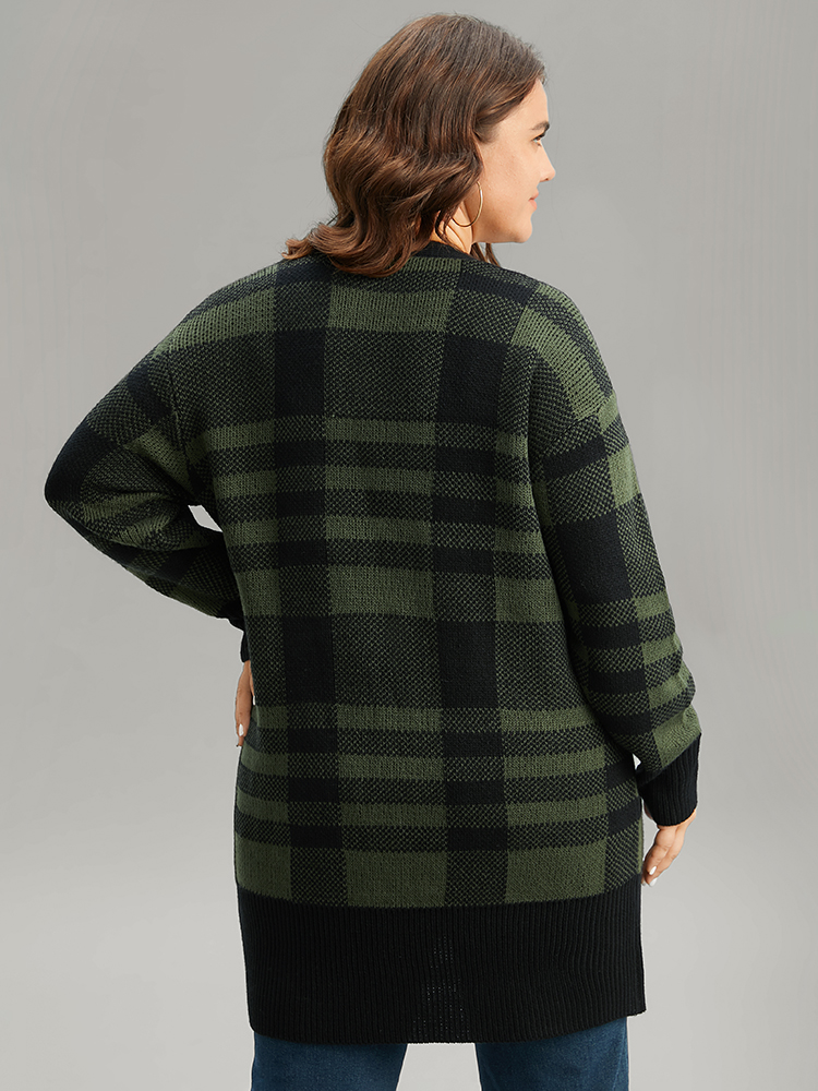 Plus Size Cardigans | Plaid Patchwork Split Side Open Front Cardigan | BloomChic 
