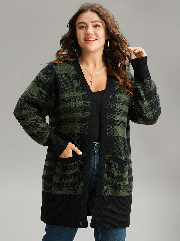 Plus Size Cardigans | Plaid Patchwork Split Side Open Front Cardigan | BloomChic 