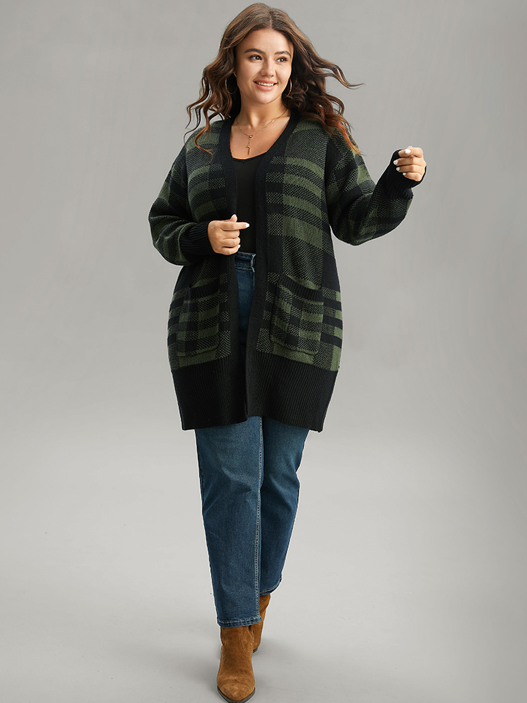 Plus Size Cardigans | Plaid Patchwork Split Side Open Front Cardigan | BloomChic 