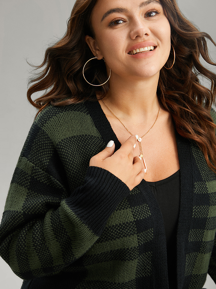 Plus Size Cardigans | Plaid Patchwork Split Side Open Front Cardigan | BloomChic 