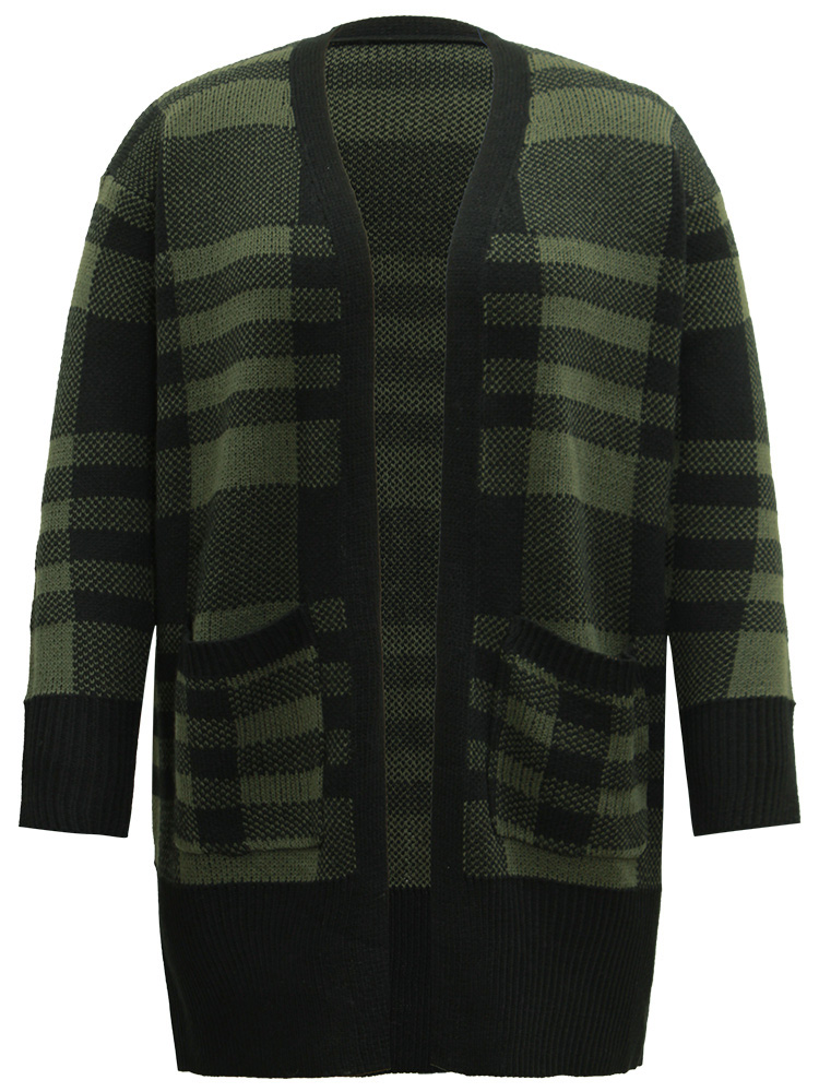 

Plus Size Plaid Patchwork Split Side Open Front Cardigan DarkGreen Women Casual Loose Long Sleeve Festival-Christmas Cardigans BloomChic