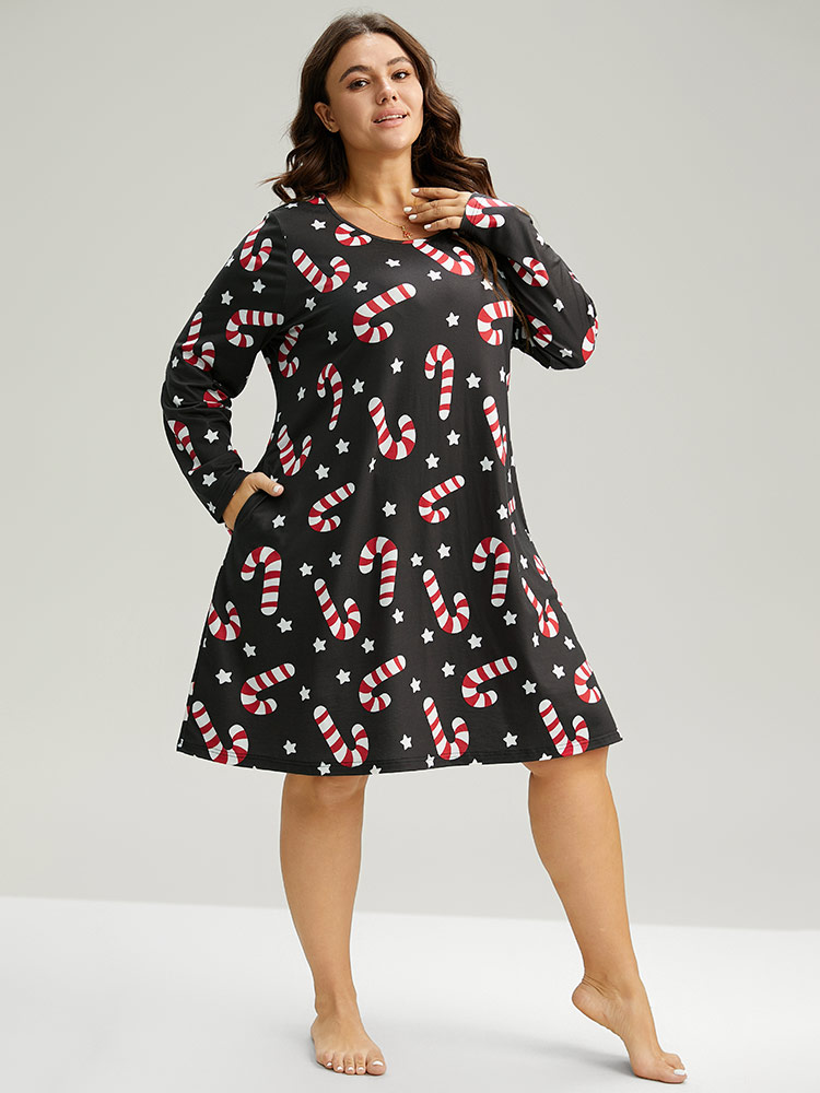 

Plus Size Christmas Candy Print Pocket Sleep Dress Black Long Sleeve Round Neck Casual Festival-Christmas  Bloomchic