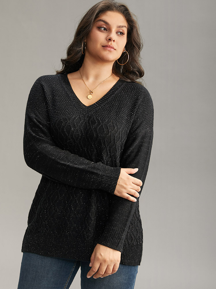 

Plus Size Plain Sparkly V Neck Loose Pullover Black Women Casual Long Sleeve V-neck Everyday Pullovers BloomChic